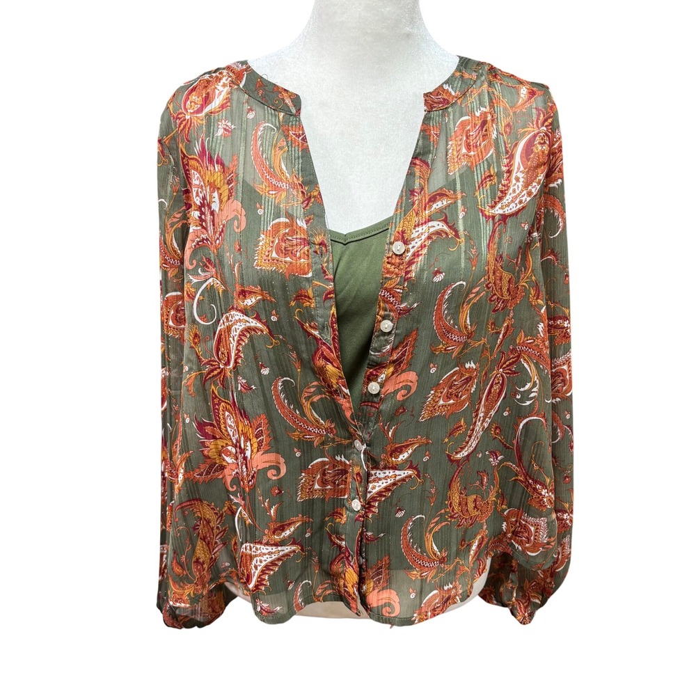 Olive  Paisley Sheer Button Front Blouse‎ with Lurex Shimmer and Camisole K64